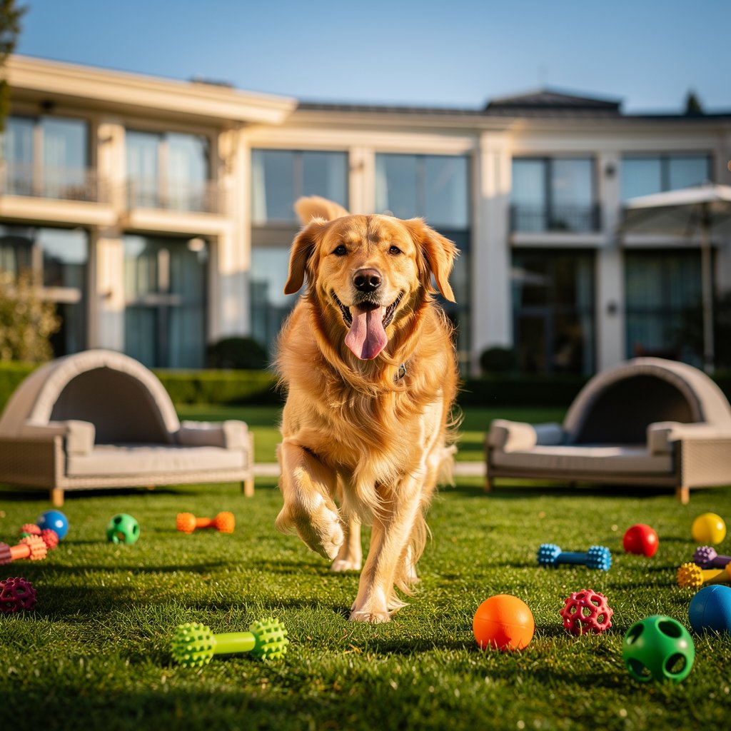 A happy golden retriever dog playing in a luxury dog hotel garden with green grass and toys, bright sunny day, high quality photography