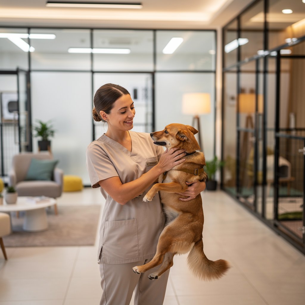 A professional and friendly woman hugging a dog in a modern, clean pet hotel environment, warm lighting, professional atmosphere